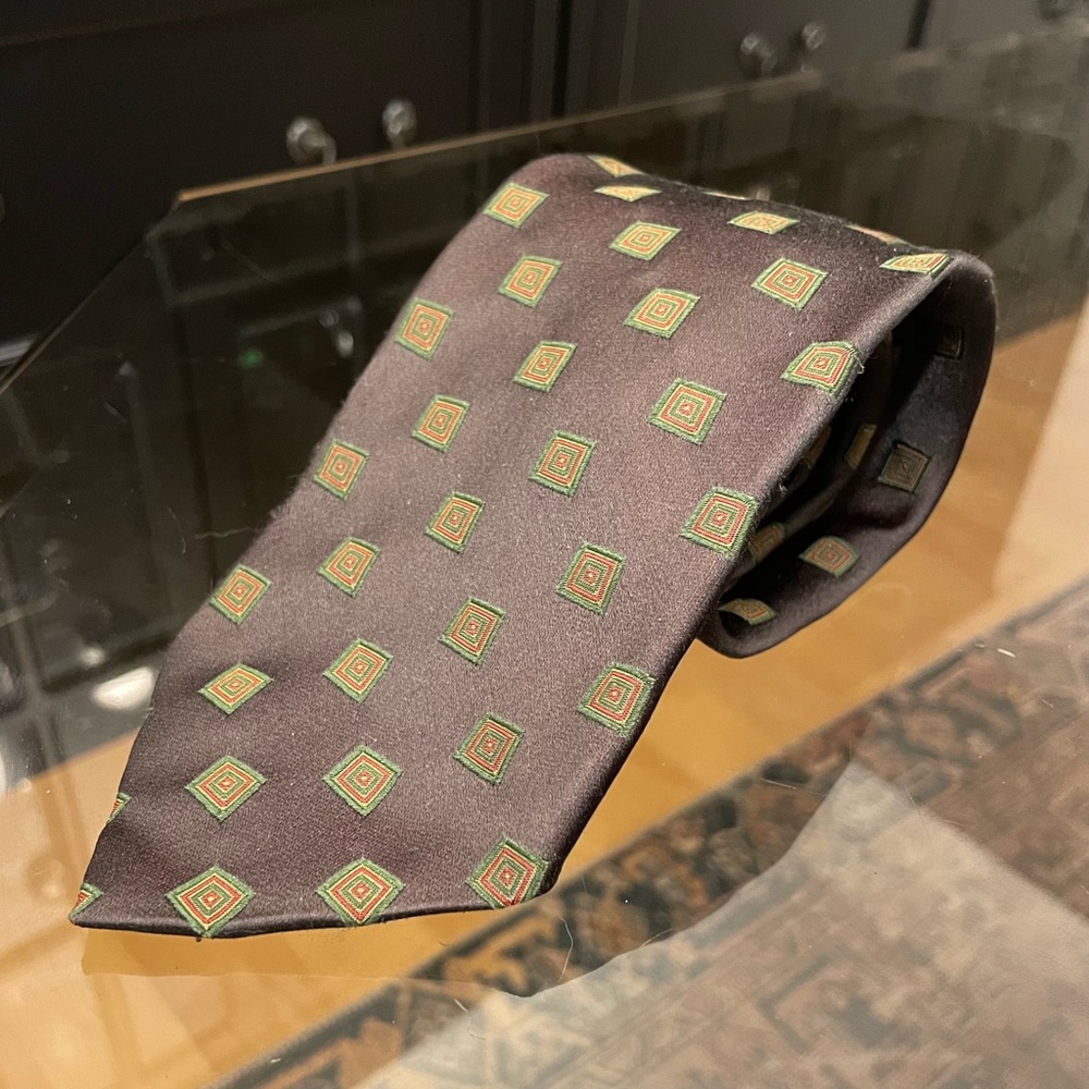 Hugo Boss Brown Silk Tie with Green and Red Square Motif